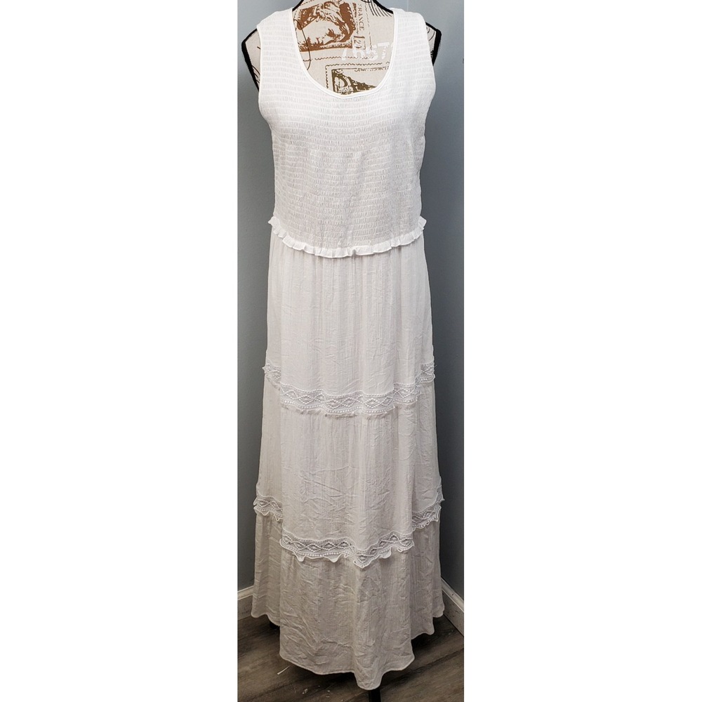 NY Collection Tiered Maxi Dress Womens Large White Smocked Bodice Lace Trim Boho
